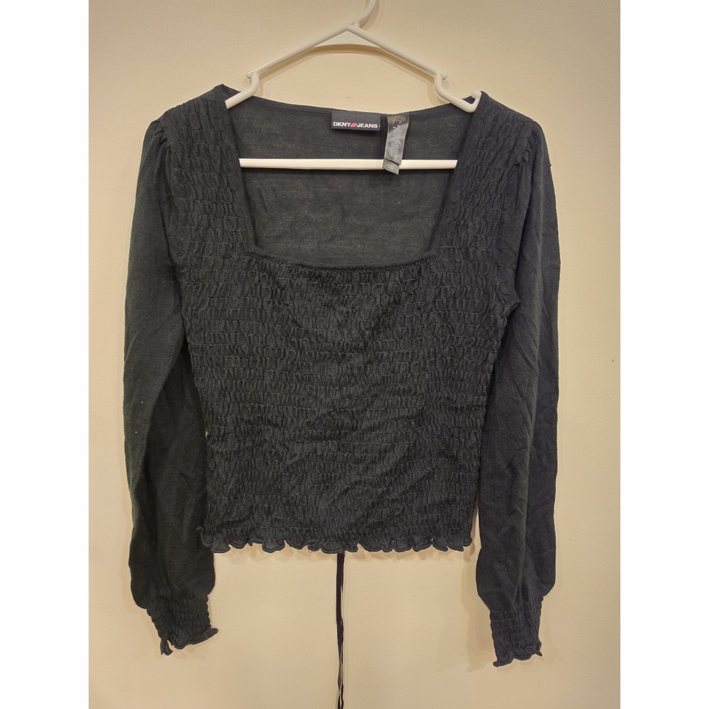 Y2K DKNY Jeans Womens Medium Black Smocked Knit Top Tie Waist Coquette